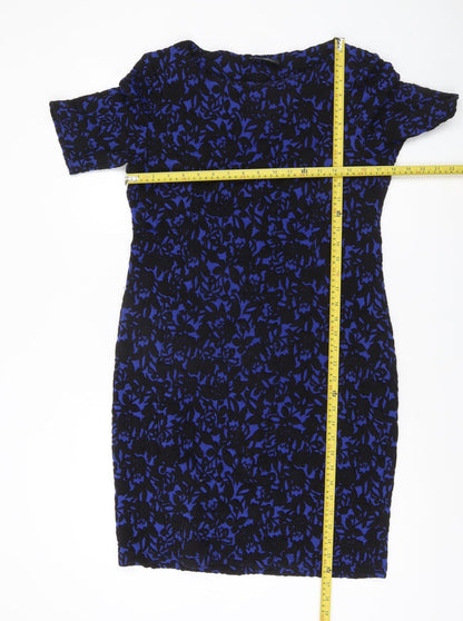Wallis Womens Blue Black Floral Bodycon Dress UK 14 Short Sleeve Work Party