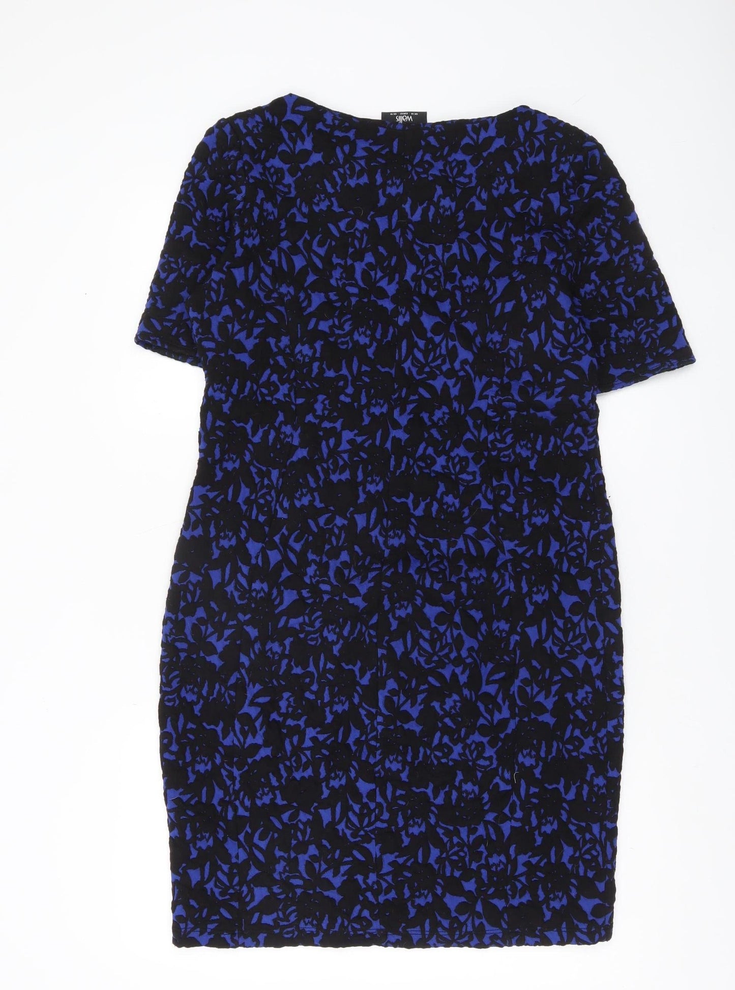 Wallis Womens Blue Black Floral Bodycon Dress UK 14 Short Sleeve Work Party