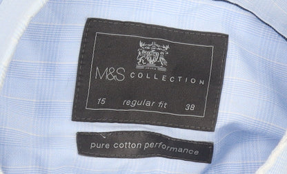 Marks and Spencer Men’s Blue Check Cotton Long Sleeve Shirt 15in 38in Regular Fit