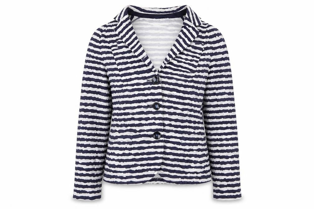 Front view of Cotswold Collections Women Blue White Striped Blazer, size 16
