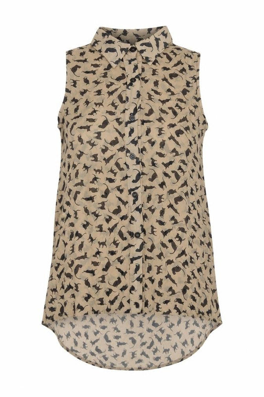 AX Paris Womens Beige Cat Print Sleeveless Button-Up Blouse Size 8