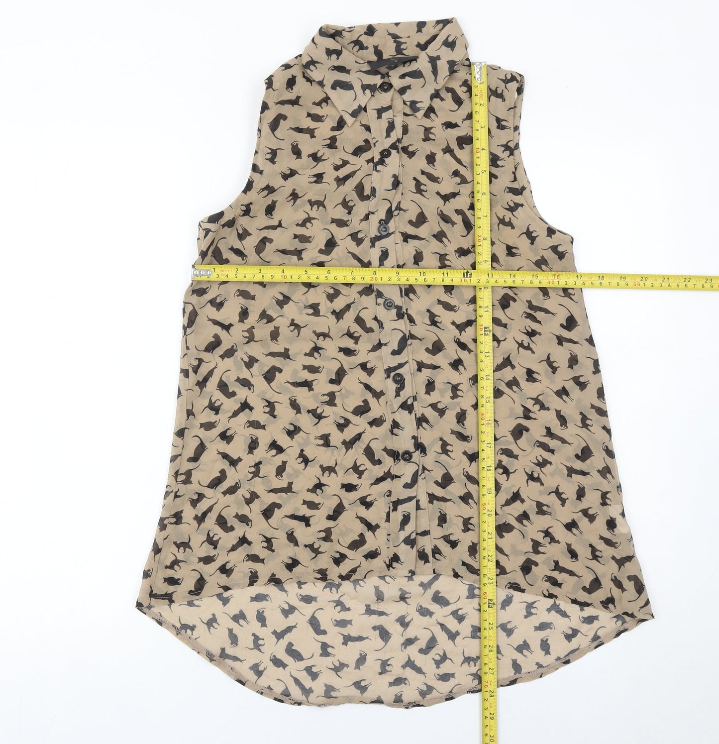 AX Paris Womens Beige Cat Print Sleeveless Button-Up Blouse Size 8