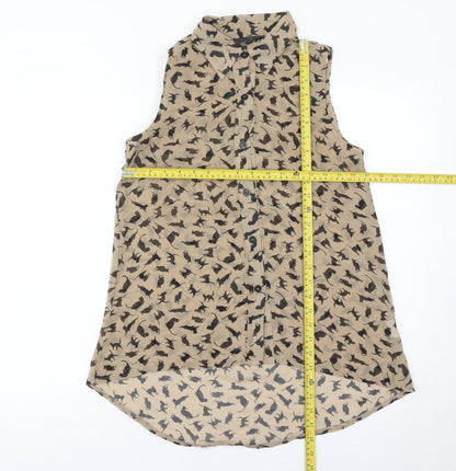 AX Paris Womens Beige Cat Print Sleeveless Button-Up Blouse Size 8