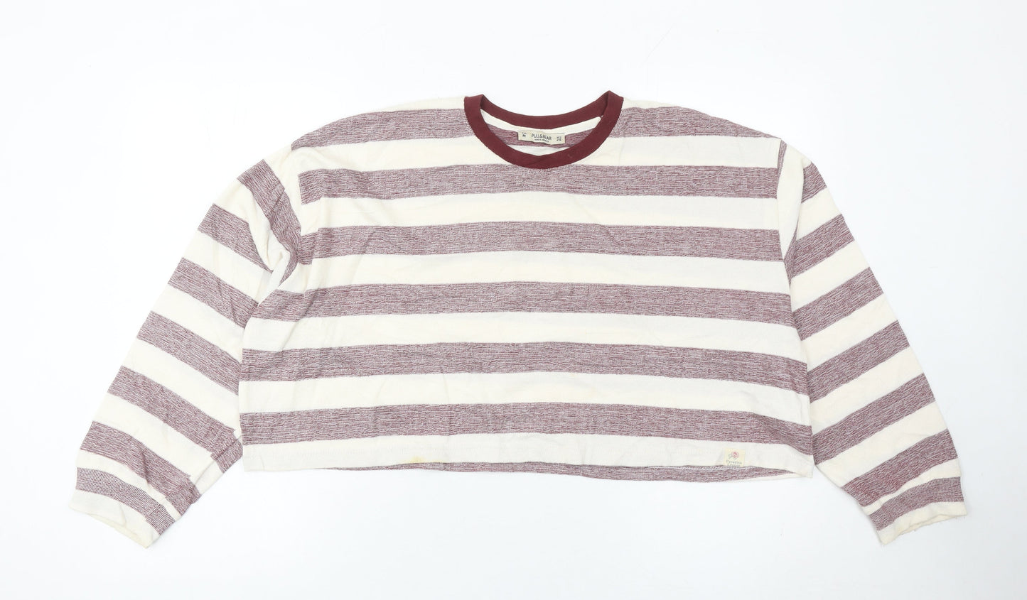 Pull&Bear Womens Striped Pullover Jumper Size 12 White Burgundy Cotton Blend