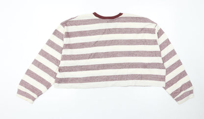 Pull&Bear Womens Striped Pullover Jumper Size 12 White Burgundy Cotton Blend