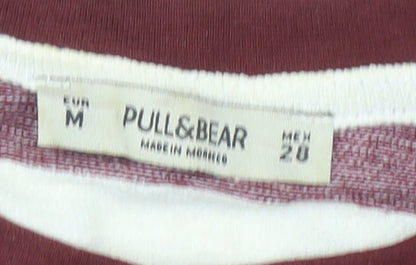 Pull&Bear Womens Striped Pullover Jumper Size 12 White Burgundy Cotton Blend
