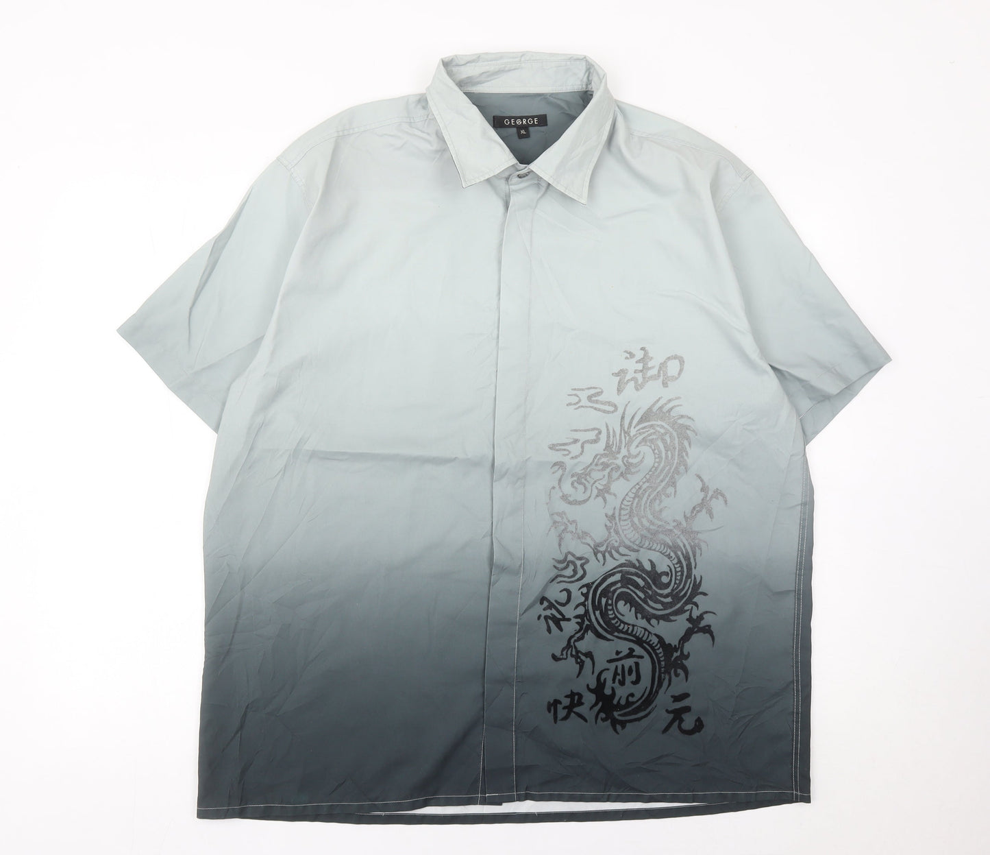 George Mens Grey XL Dragon Print Short Sleeve Button-Up Shirt