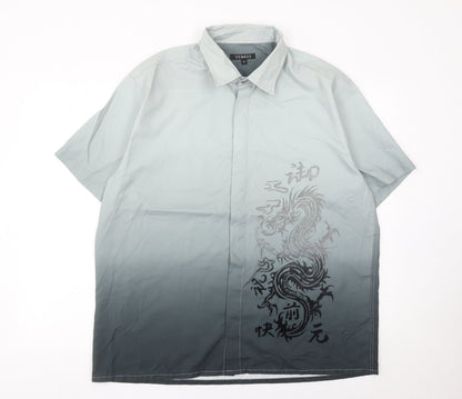 George Mens Grey XL Dragon Print Short Sleeve Button-Up Shirt