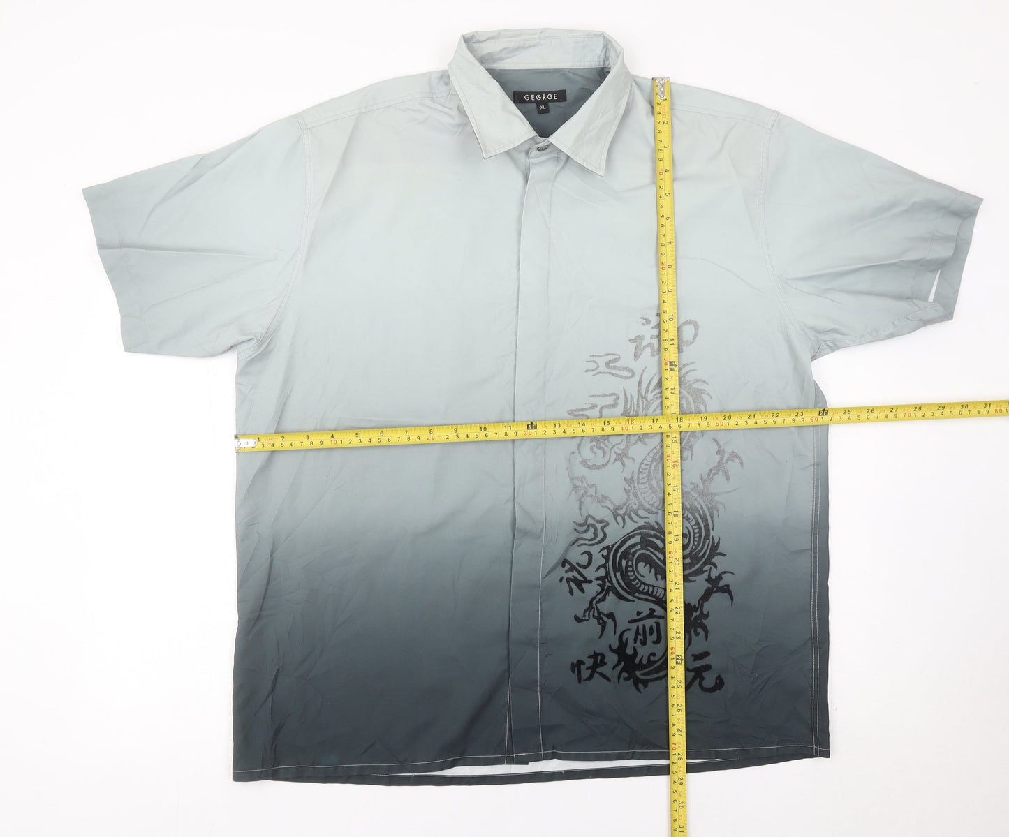 George Mens Grey XL Dragon Print Short Sleeve Button-Up Shirt