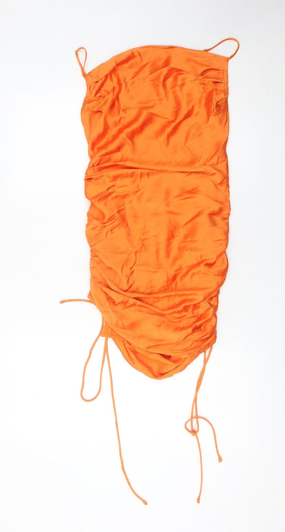 Zara Women’s Orange XS Mini Slip Dress Ruched Satin Cocktail