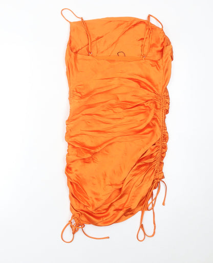 Zara Women’s Orange XS Mini Slip Dress Ruched Satin Cocktail