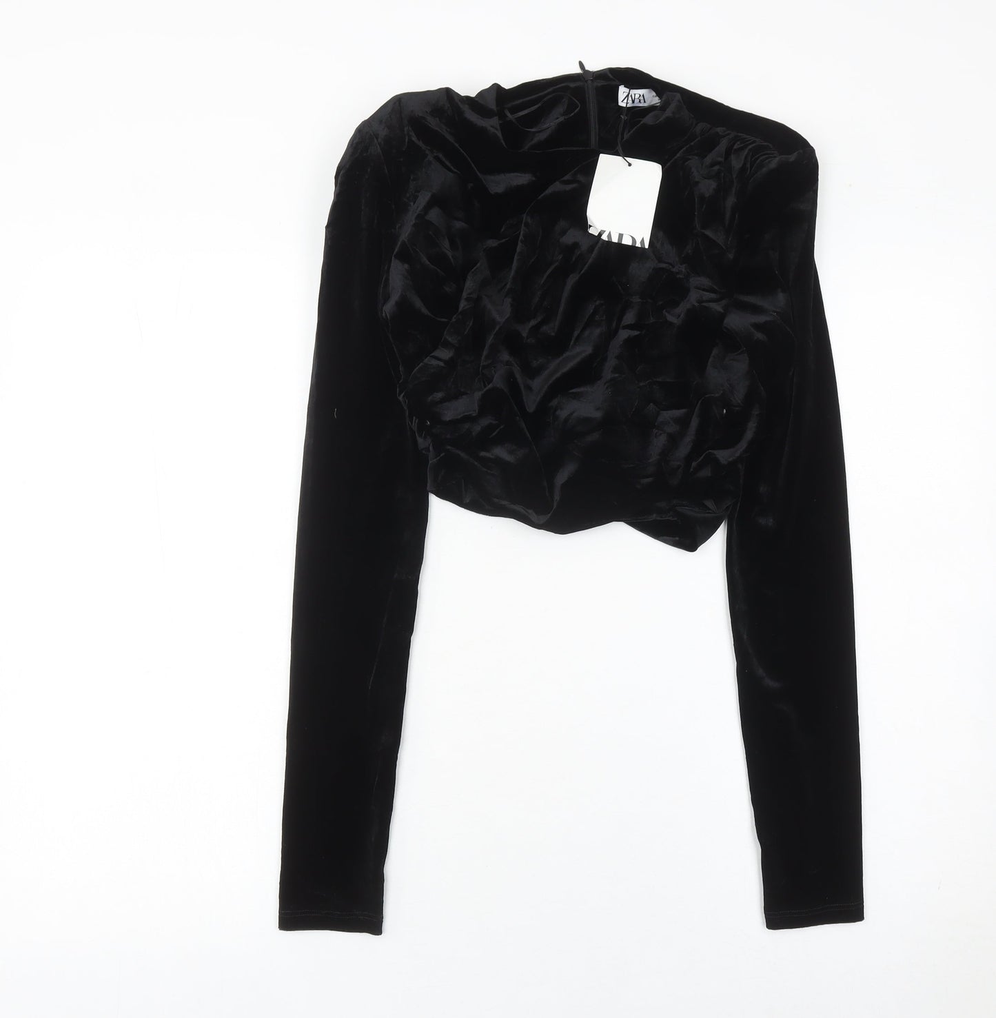 Zara Women Black Velvet Cropped Blouse S Long Sleeve V-Neck Party