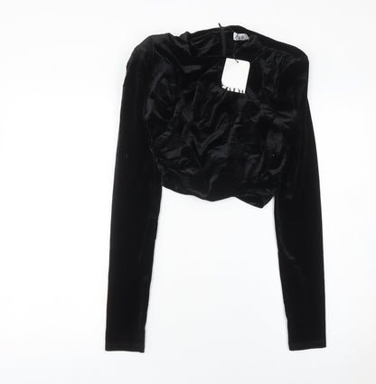 Zara Women Black Velvet Cropped Blouse S Long Sleeve V-Neck Party