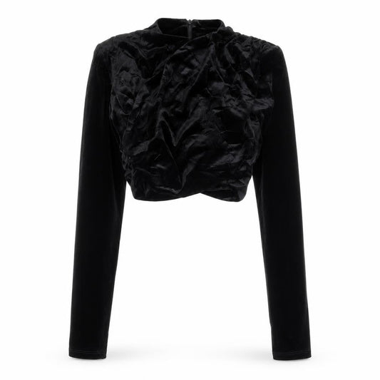 Zara Women Black Velvet Cropped Blouse S Long Sleeve V-Neck Party