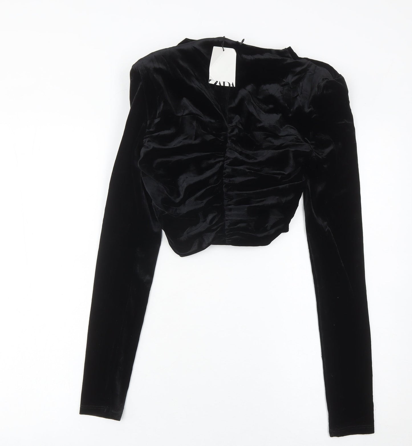 Zara Women Black Velvet Cropped Blouse S Long Sleeve V-Neck Party
