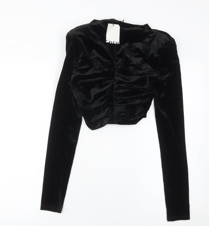 Zara Women Black Velvet Cropped Blouse S Long Sleeve V-Neck Party