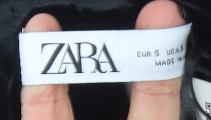 Zara Women Black Velvet Cropped Blouse S Long Sleeve V-Neck Party
