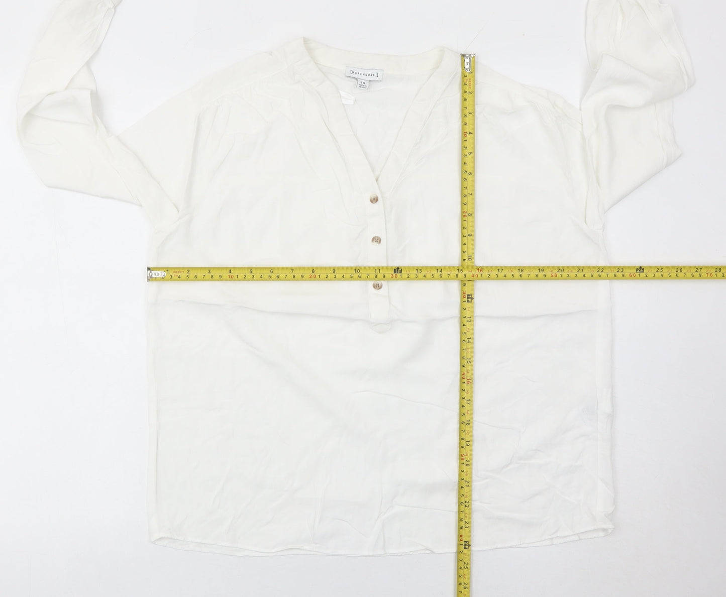 Warehouse Womens White Viscose Blouse Size 10 Long Sleeve Tunic Style