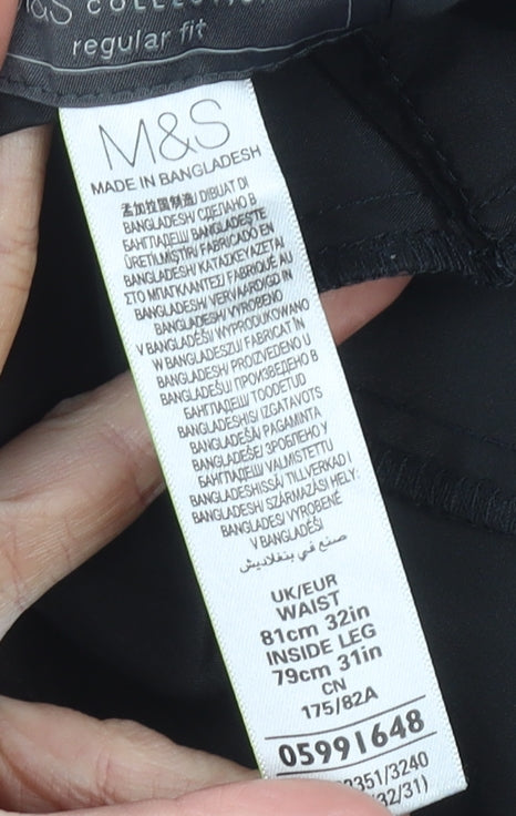 Marks and Spencer Mens Black 32W 31L Regular Fit Dress Trousers