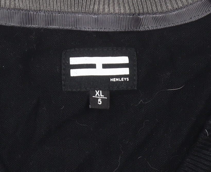 Henleys Men Black XL V-Neck Cotton Jumper Pullover Knitwear