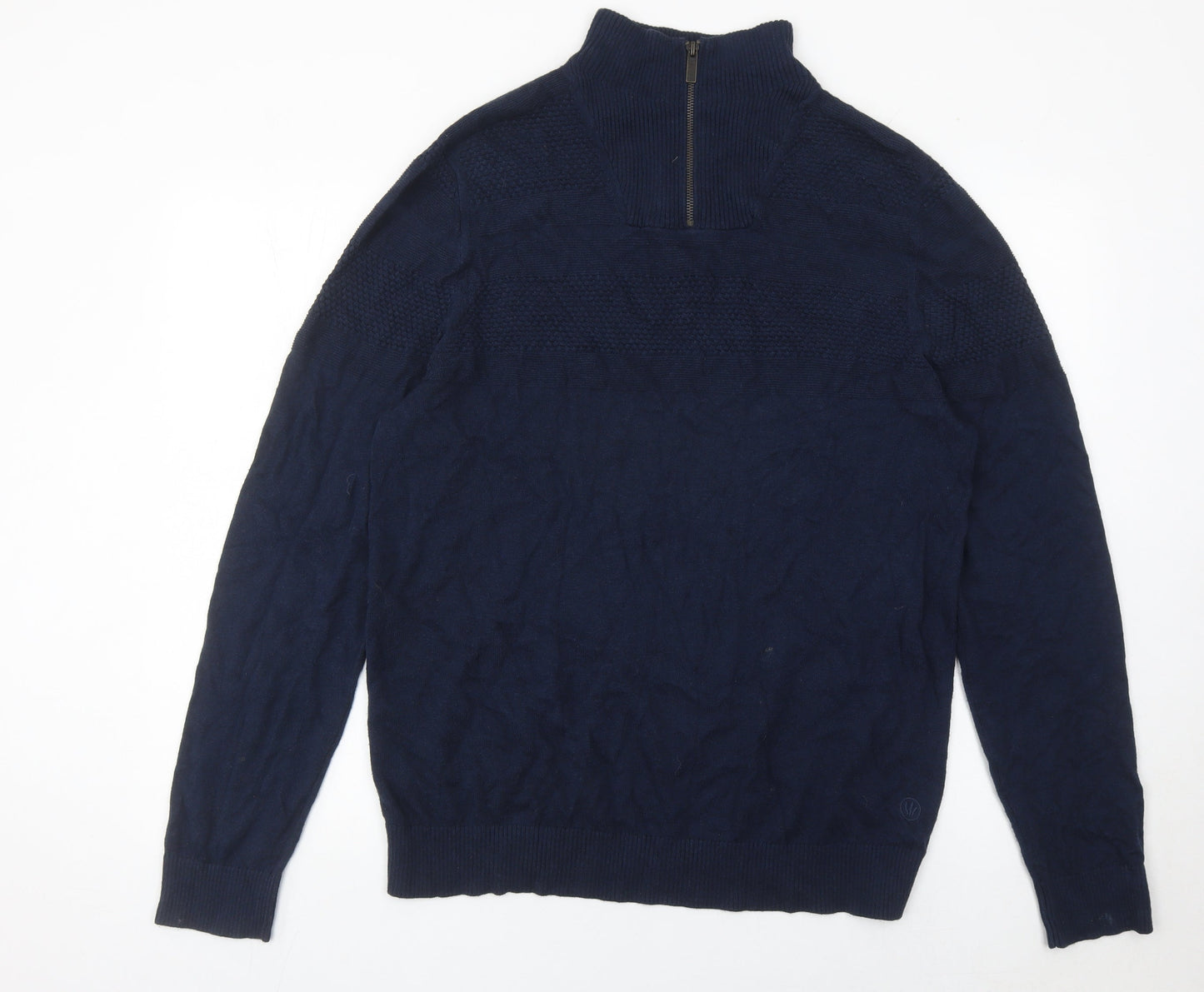 Fat Face Men’s Blue Cotton Cashmere Jumper L Quarter Zip Knit