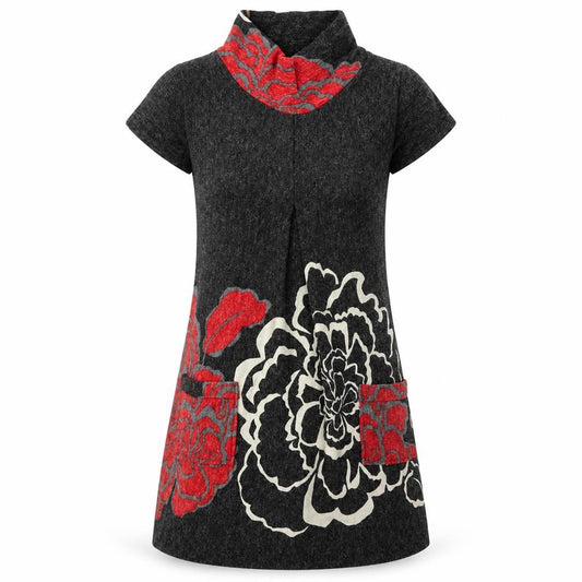 Purple Women’s Black Red Floral Knit Shift Dress Roll Neck Size M