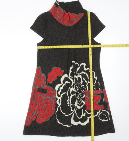 Purple Women’s Black Red Floral Knit Shift Dress Roll Neck Size M