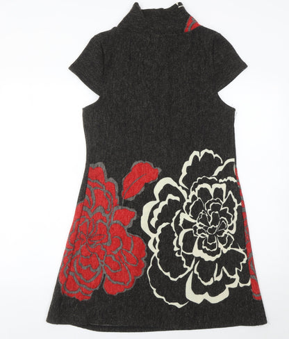 Purple Women’s Black Red Floral Knit Shift Dress Roll Neck Size M
