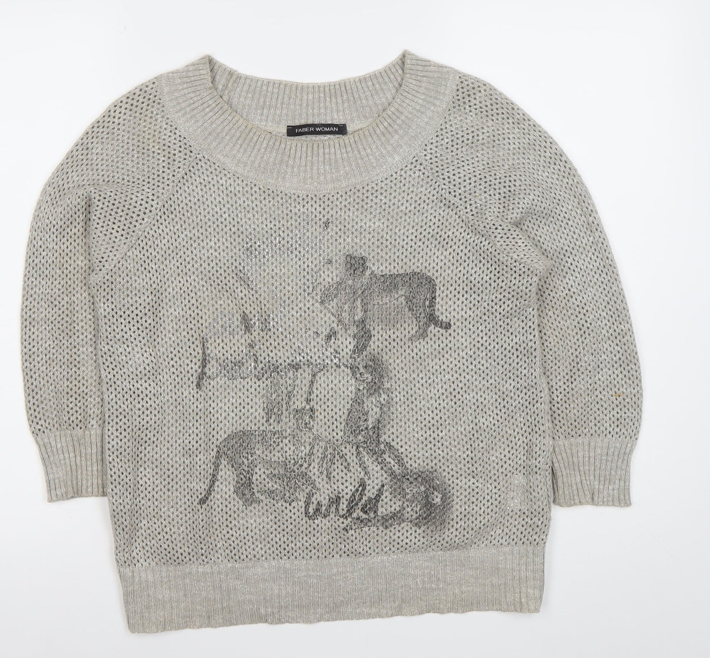 Faber Woman Grey Animal Print Open Knit Jumper Womens Size 10
