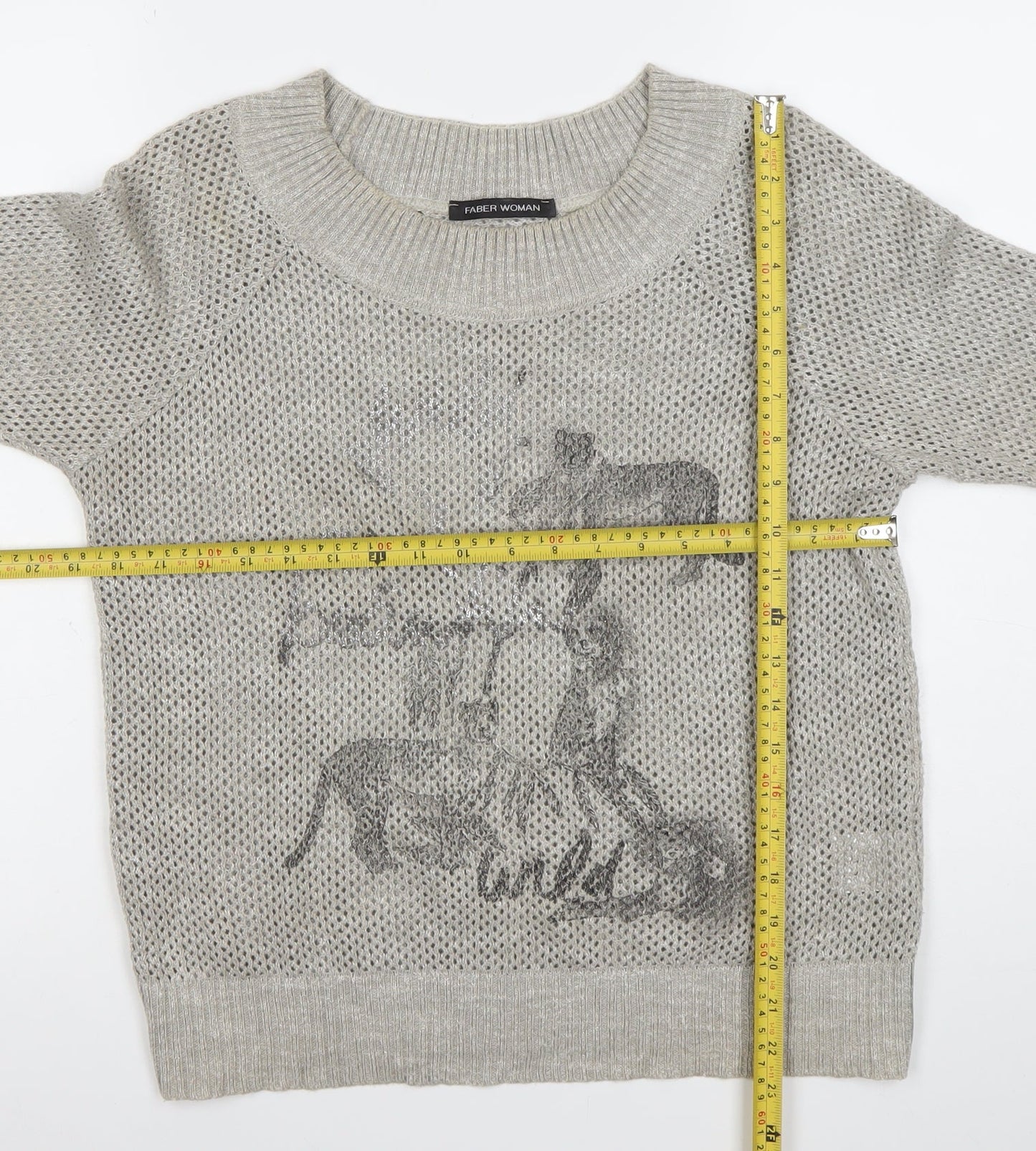 Faber Woman Grey Animal Print Open Knit Jumper Womens Size 10
