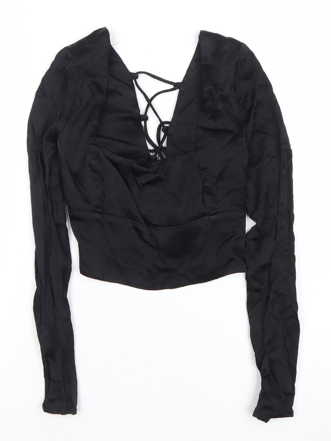 Zara Women Black Cropped Lace-Up Blouse Size 12 Slim Fit