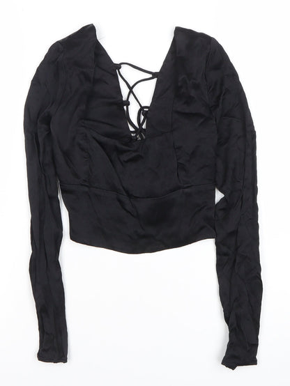 Zara Women Black Cropped Lace-Up Blouse Size 12 Slim Fit