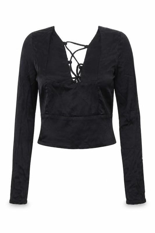 Zara Women Black Cropped Lace-Up Blouse Size 12 Slim Fit
