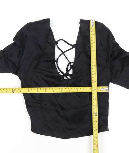 Zara Women Black Cropped Lace-Up Blouse Size 12 Slim Fit