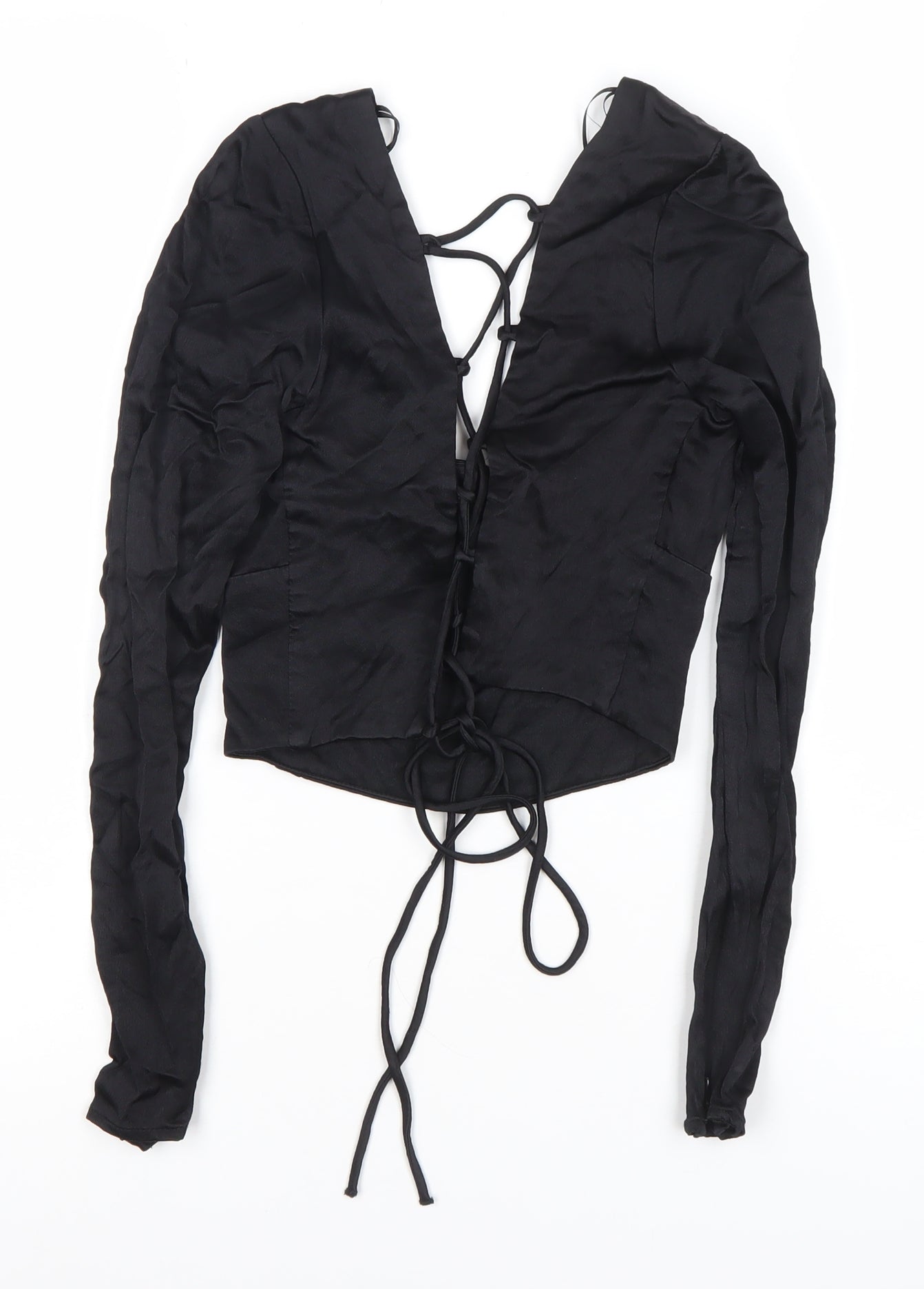 Zara Women Black Cropped Lace-Up Blouse Size 12 Slim Fit