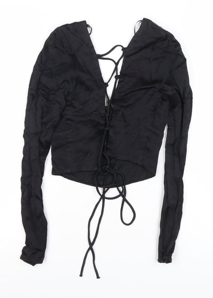 Zara Women Black Cropped Lace-Up Blouse Size 12 Slim Fit