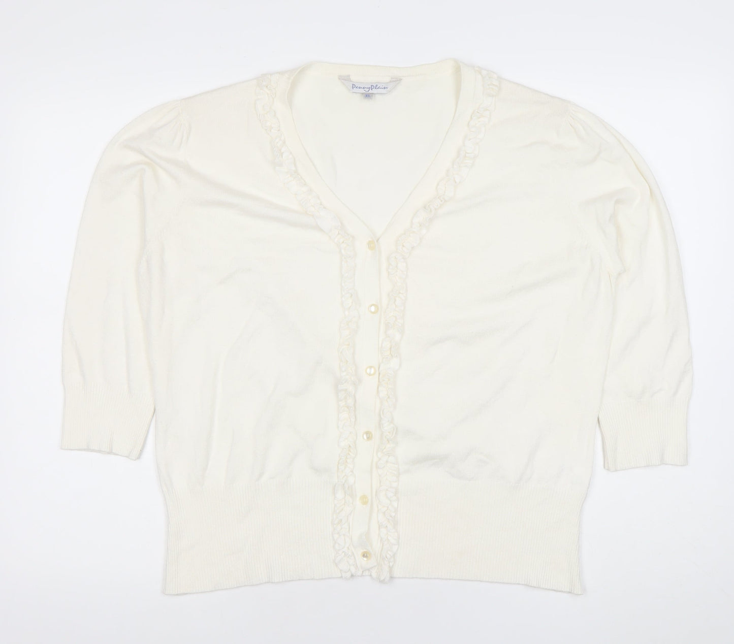 Penny Plain Women Ivory XL Ruffle Button V-Neck Knit Cardigan