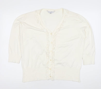 Penny Plain Women Ivory XL Ruffle Button V-Neck Knit Cardigan