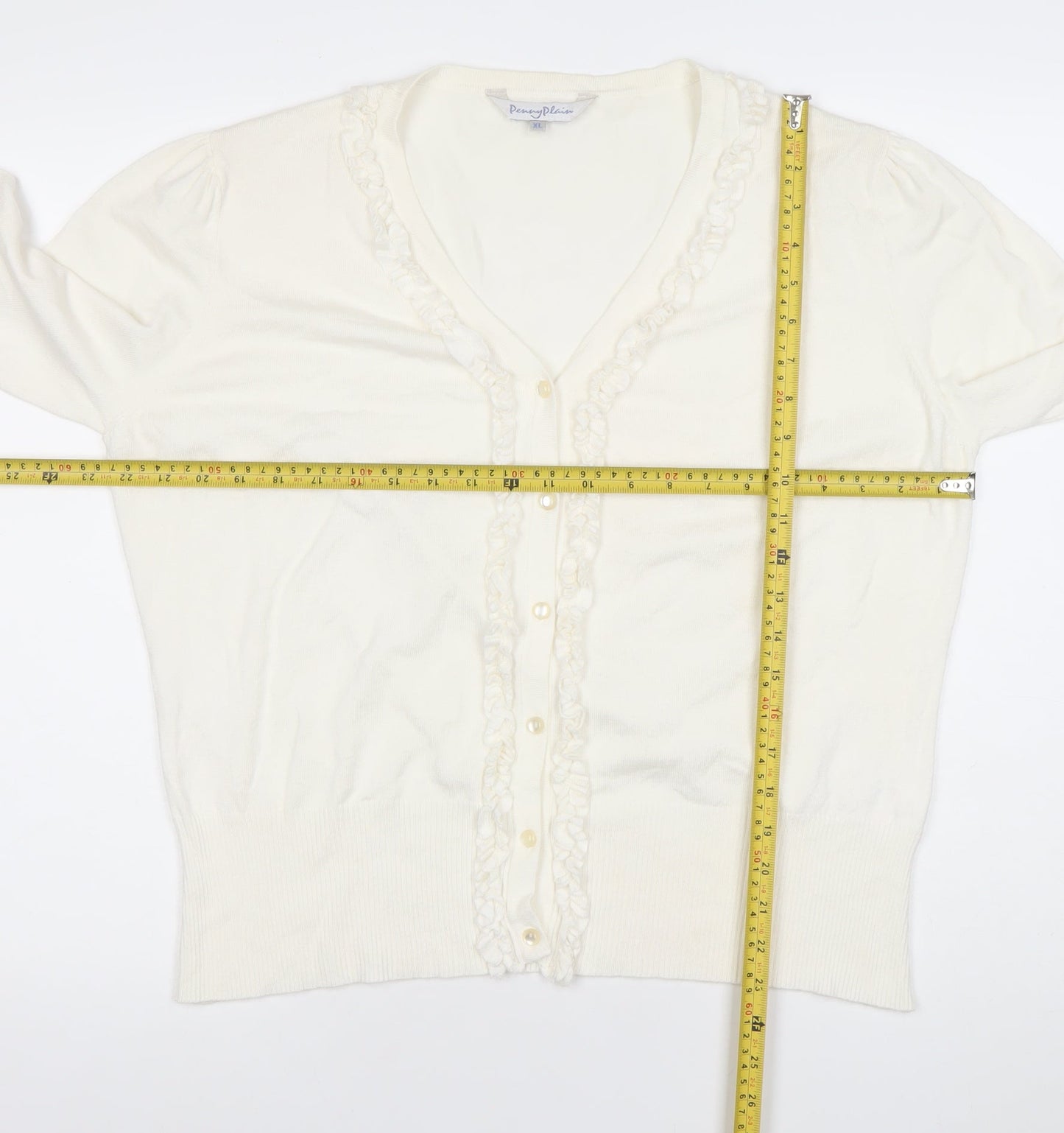 Penny Plain Women Ivory XL Ruffle Button V-Neck Knit Cardigan