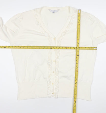 Penny Plain Women Ivory XL Ruffle Button V-Neck Knit Cardigan