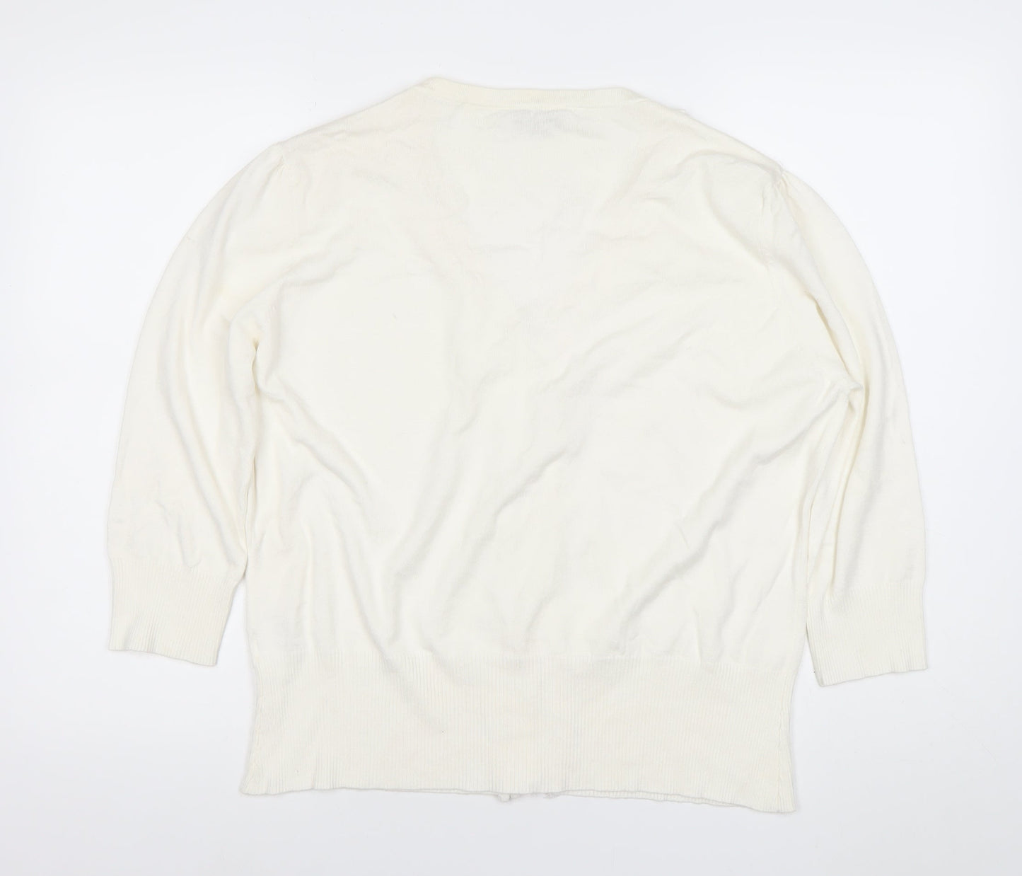 Penny Plain Women Ivory XL Ruffle Button V-Neck Knit Cardigan