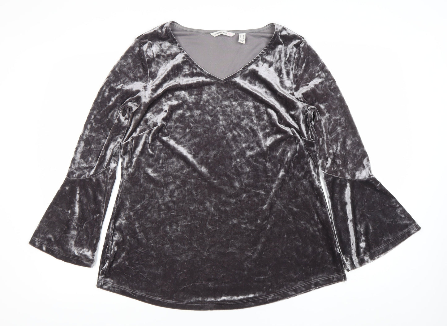 Isaac Mizrahi Live Womens Grey Velvet V-Neck Bell Sleeve Tunic Blouse M