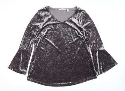 Isaac Mizrahi Live Womens Grey Velvet V-Neck Bell Sleeve Tunic Blouse M