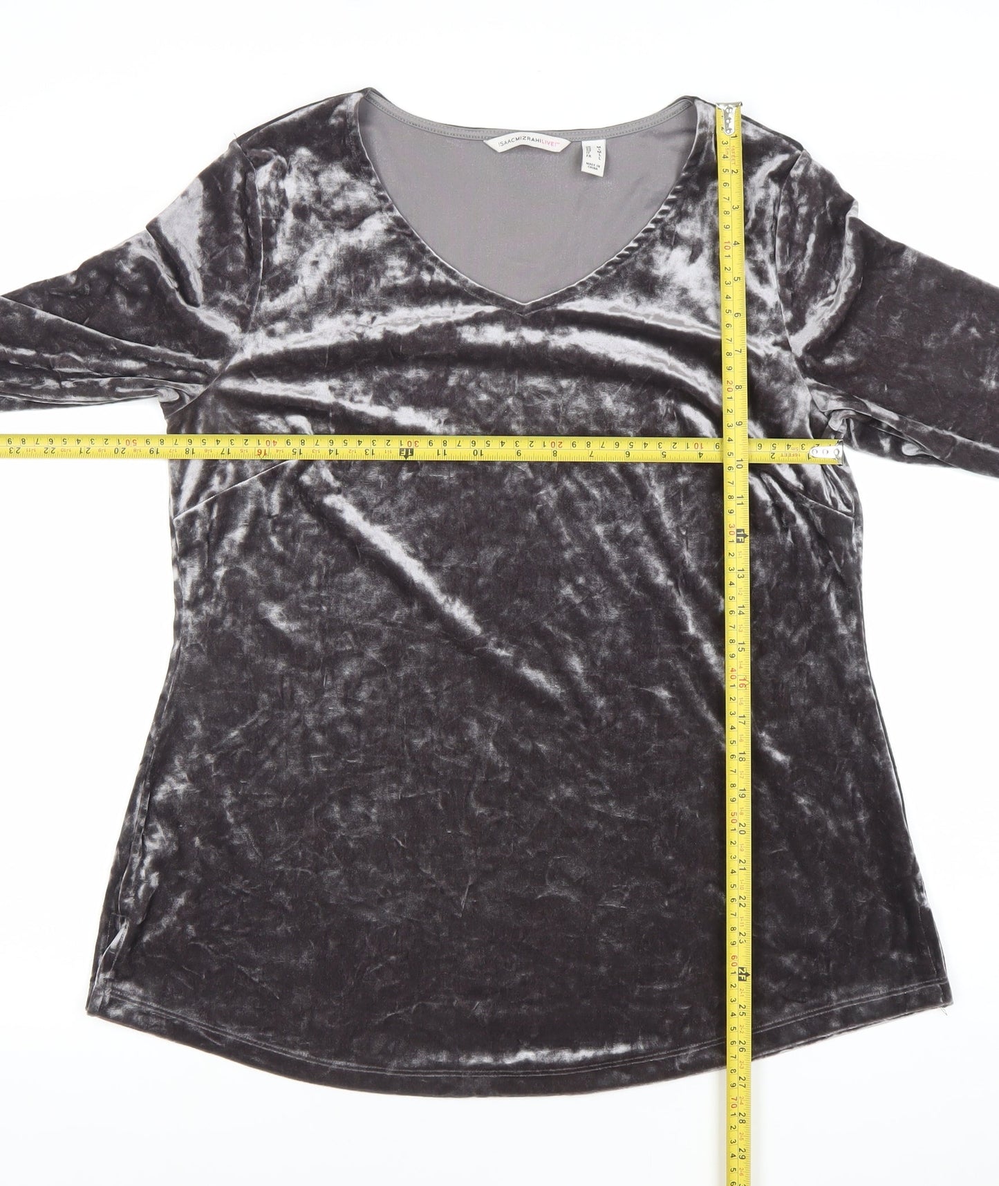 Isaac Mizrahi Live Womens Grey Velvet V-Neck Bell Sleeve Tunic Blouse M