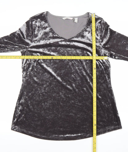 Isaac Mizrahi Live Womens Grey Velvet V-Neck Bell Sleeve Tunic Blouse M