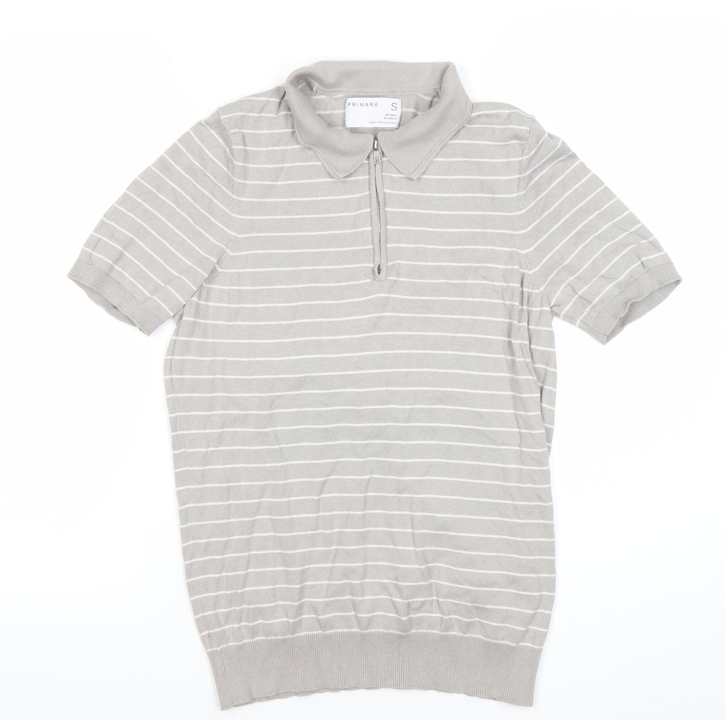 Primark Men’s Grey Striped Polo Shirt Size S Short Sleeve Zip