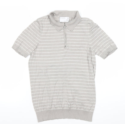 Primark Men’s Grey Striped Polo Shirt Size S Short Sleeve Zip