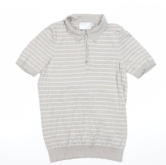 Primark Men’s Grey Striped Polo Shirt Size S Short Sleeve Zip