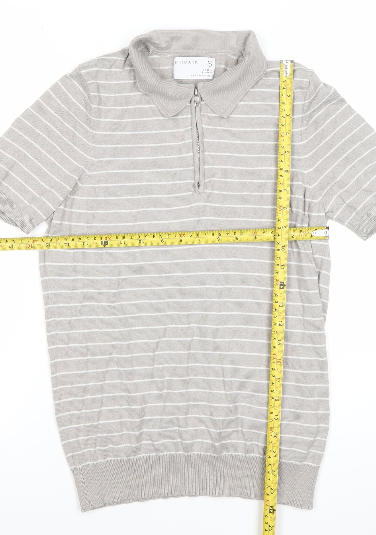 Primark Men’s Grey Striped Polo Shirt Size S Short Sleeve Zip