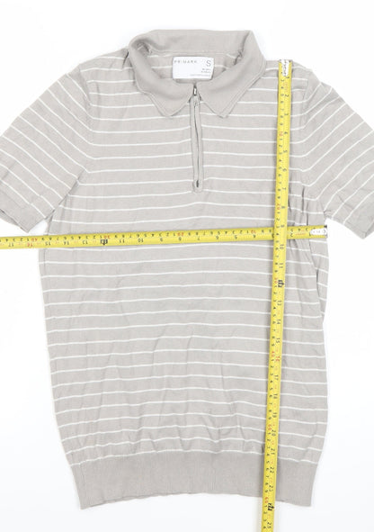 Primark Men’s Grey Striped Polo Shirt Size S Short Sleeve Zip